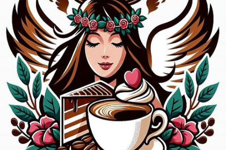 Das bild zeigt eine Illustration von einem weiblichen Engel. Im Vordergrund ein Stück Torte, eine Tasse Kaffee und Blumendekoration rechts und links.